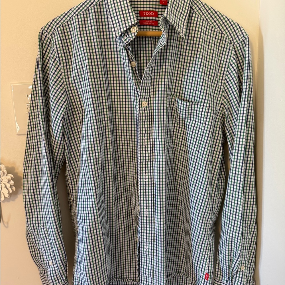 Izod Green and Blue Check Long-Sleeve Button-Down Shirt